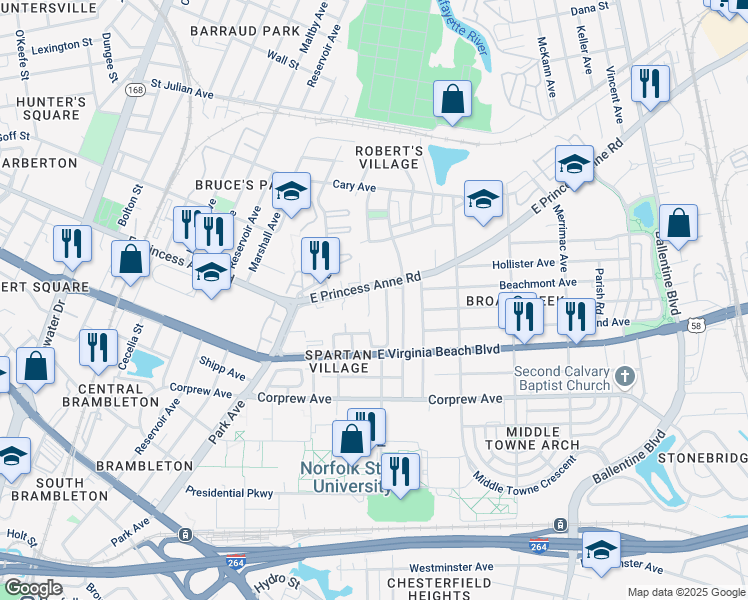 map of restaurants, bars, coffee shops, grocery stores, and more near 1059 Rainey Drive in Norfolk