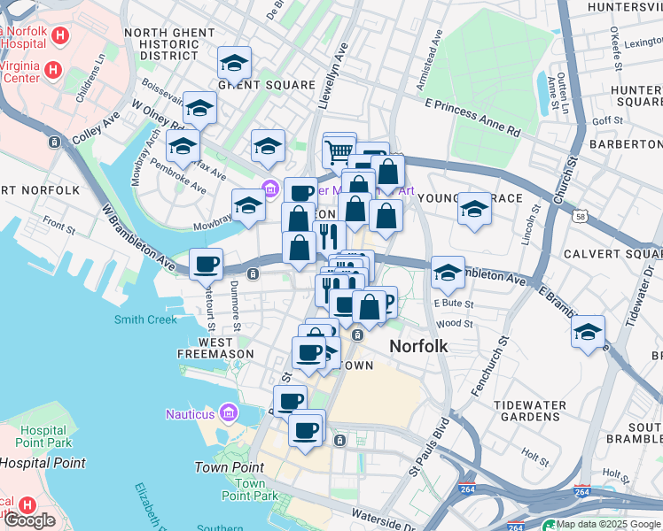 map of restaurants, bars, coffee shops, grocery stores, and more near 119 West York Street in Norfolk