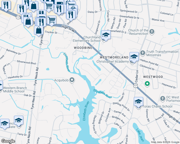 map of restaurants, bars, coffee shops, grocery stores, and more near in Portsmouth