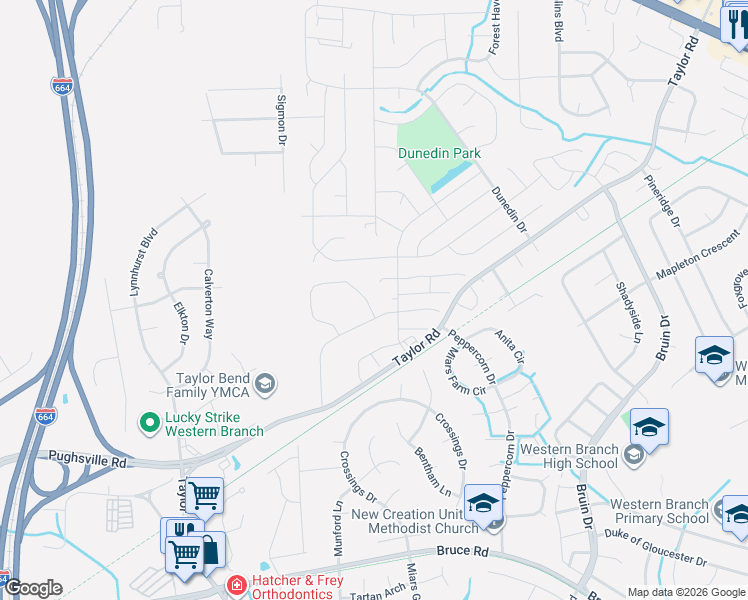 map of restaurants, bars, coffee shops, grocery stores, and more near 3426 Clover Road East in Chesapeake