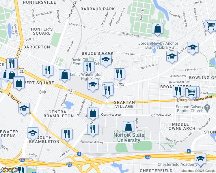 map of restaurants, bars, coffee shops, grocery stores, and more near 1539-1551 E Princess Anne Rd in Norfolk