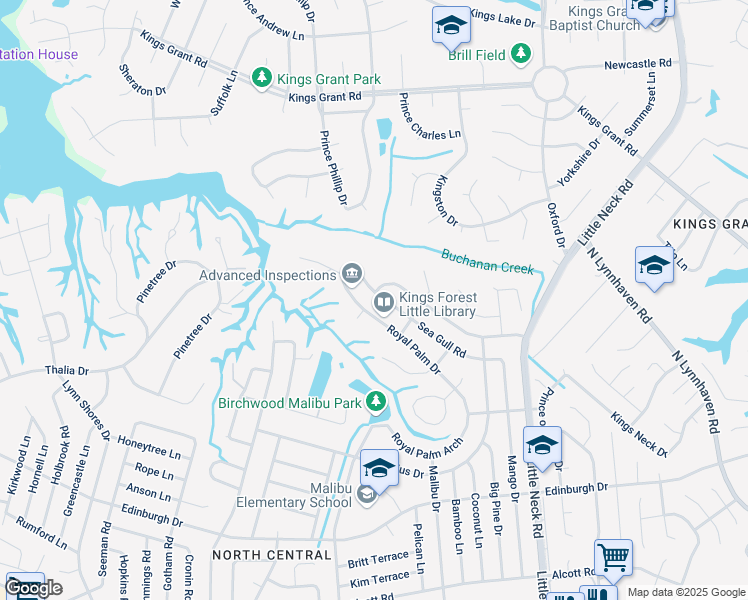 map of restaurants, bars, coffee shops, grocery stores, and more near 3613 Sea Gull Road in Virginia Beach