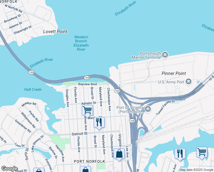 map of restaurants, bars, coffee shops, grocery stores, and more near 114 Chautauqua Avenue in Portsmouth