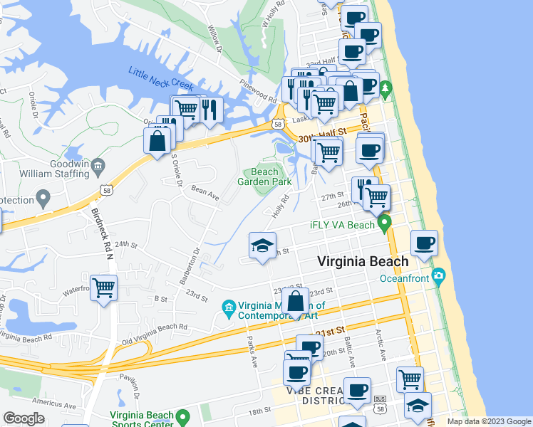 map of restaurants, bars, coffee shops, grocery stores, and more near 2720 Manoomin Place in Virginia Beach