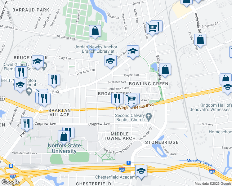 map of restaurants, bars, coffee shops, grocery stores, and more near 2804 Mapleton Avenue in Norfolk