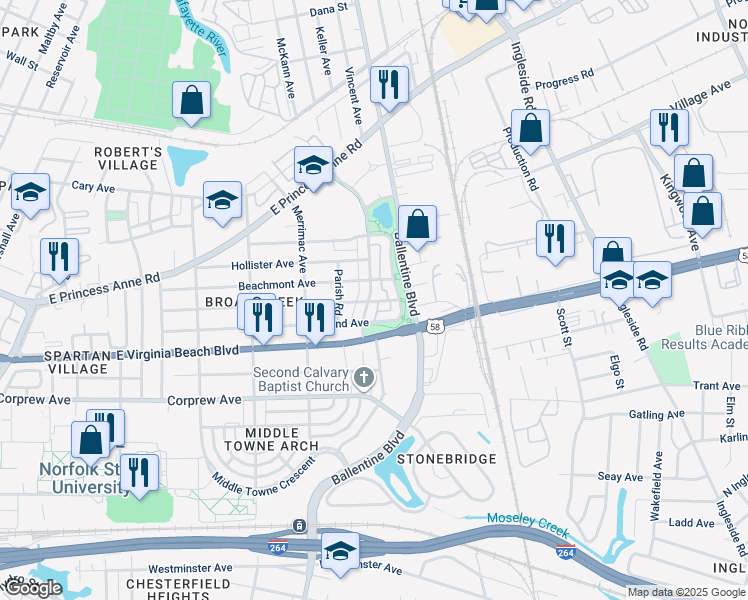 map of restaurants, bars, coffee shops, grocery stores, and more near 1108 Godfrey Avenue in Norfolk