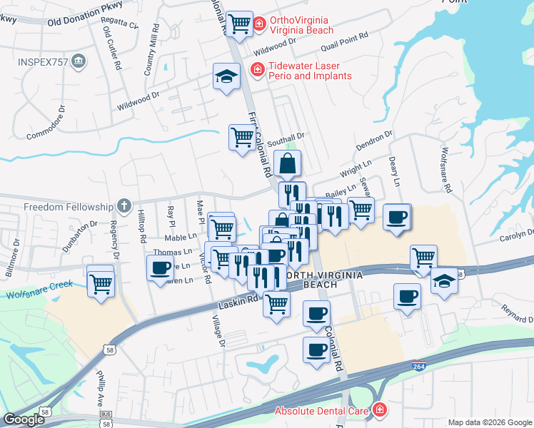 map of restaurants, bars, coffee shops, grocery stores, and more near 845 First Colonial Road in Virginia Beach