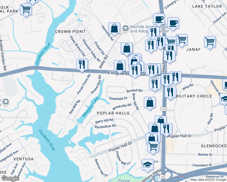 map of restaurants, bars, coffee shops, grocery stores, and more near 5533 Brickell Road in Norfolk