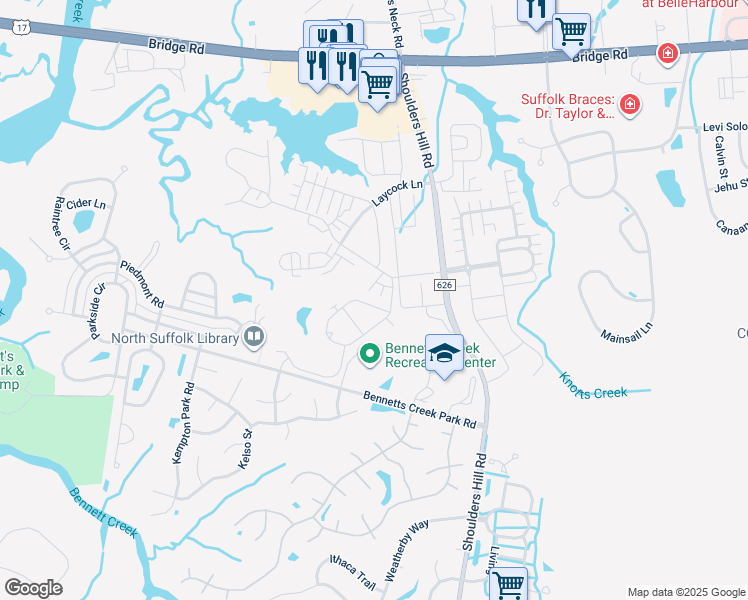 map of restaurants, bars, coffee shops, grocery stores, and more near 6078 Newington Place in Suffolk