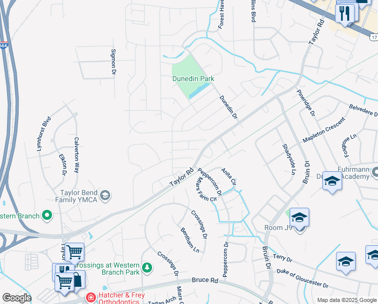 map of restaurants, bars, coffee shops, grocery stores, and more near 3219 Clover Road East in Chesapeake