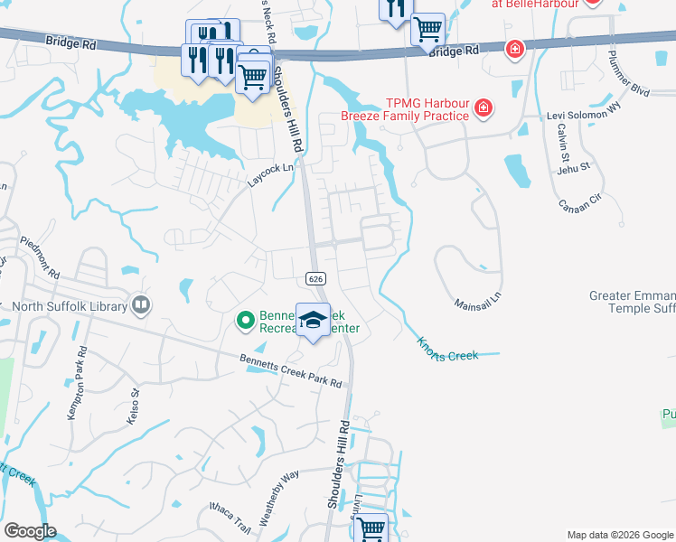 map of restaurants, bars, coffee shops, grocery stores, and more near 138 Meridian Place in Suffolk