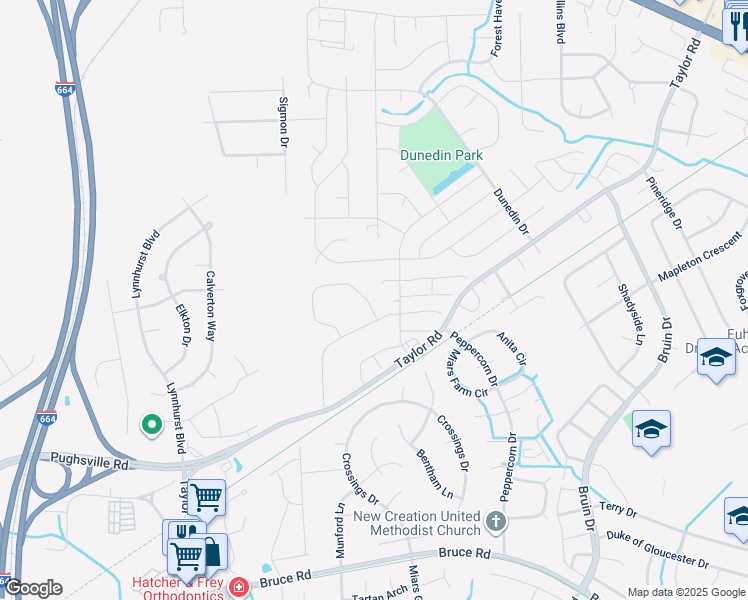 map of restaurants, bars, coffee shops, grocery stores, and more near 3318 Clover Meadow Drive in Chesapeake