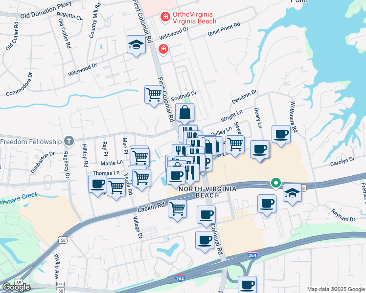 map of restaurants, bars, coffee shops, grocery stores, and more near 1876 Chantilly Court in Virginia Beach