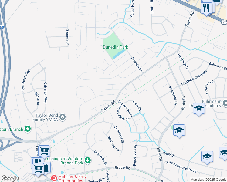 map of restaurants, bars, coffee shops, grocery stores, and more near 3319 Golden Oaks Lane in Chesapeake