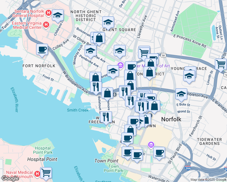 map of restaurants, bars, coffee shops, grocery stores, and more near 330 West Brambleton Avenue in Norfolk