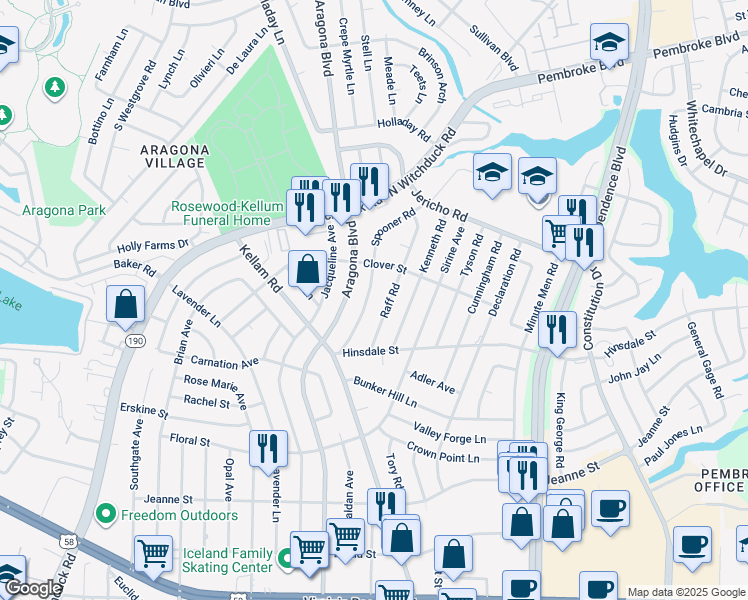 map of restaurants, bars, coffee shops, grocery stores, and more near 620 Raff Road in Virginia Beach