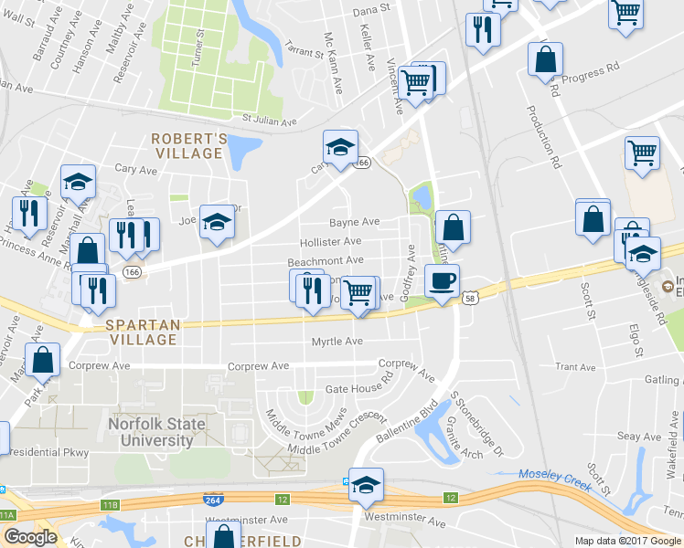 map of restaurants, bars, coffee shops, grocery stores, and more near 2840 Mapleton Avenue in Norfolk