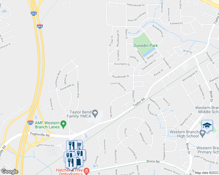 map of restaurants, bars, coffee shops, grocery stores, and more near 3521 Clover Meadow Drive in Chesapeake