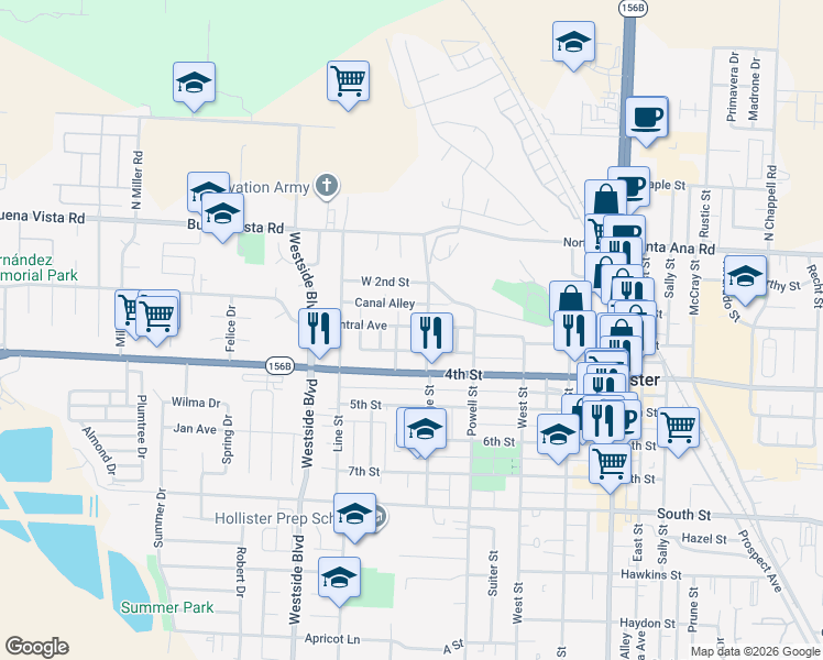 map of restaurants, bars, coffee shops, grocery stores, and more near 762 Fremont Way in Hollister