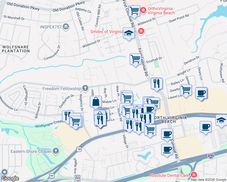 map of restaurants, bars, coffee shops, grocery stores, and more near 809 Benjamin Place in Virginia Beach