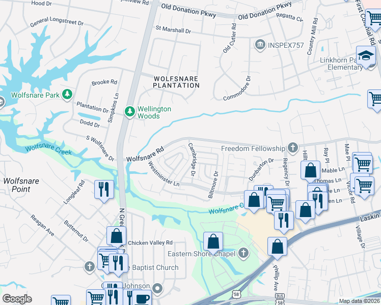 map of restaurants, bars, coffee shops, grocery stores, and more near 817 Cambridge Drive in Virginia Beach