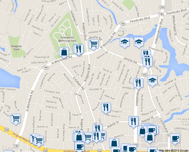 map of restaurants, bars, coffee shops, grocery stores, and more near 620 Raff Road in Virginia Beach