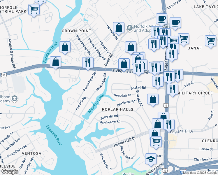 map of restaurants, bars, coffee shops, grocery stores, and more near 5501 Brickell Road in Norfolk