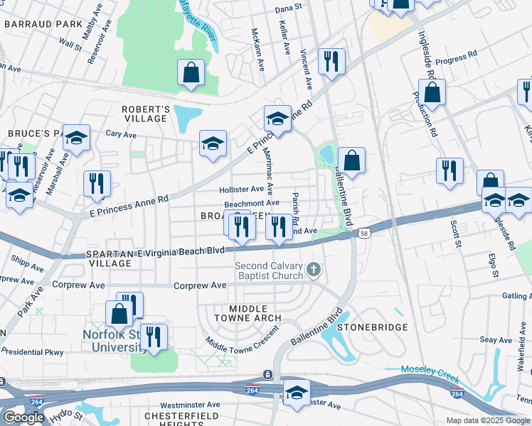 map of restaurants, bars, coffee shops, grocery stores, and more near 2840 Mapleton Avenue in Norfolk
