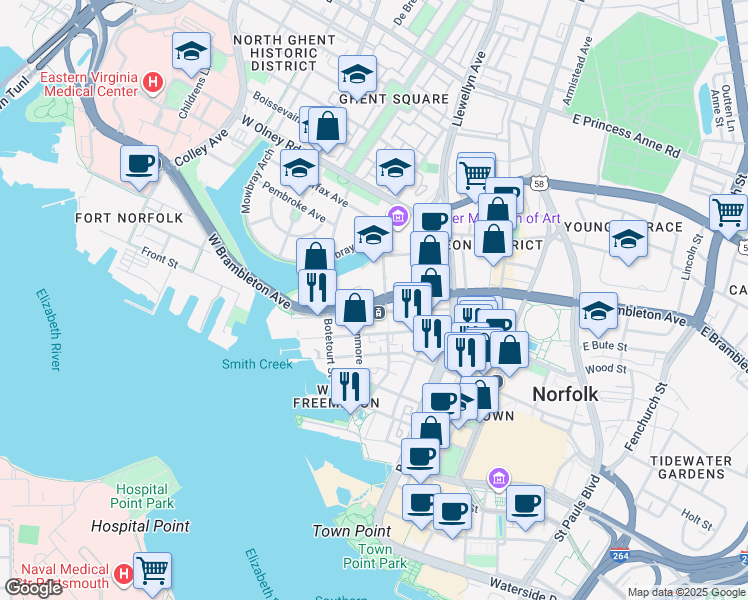 map of restaurants, bars, coffee shops, grocery stores, and more near in Norfolk