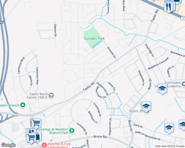 map of restaurants, bars, coffee shops, grocery stores, and more near 3219 Clover Road East in Chesapeake