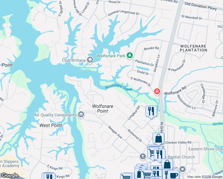 map of restaurants, bars, coffee shops, grocery stores, and more near 2556 Torrey Place in Virginia Beach