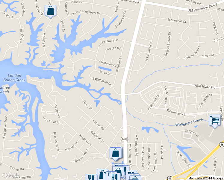 map of restaurants, bars, coffee shops, grocery stores, and more near 2317 South Wolfsnare Drive in Virginia Beach