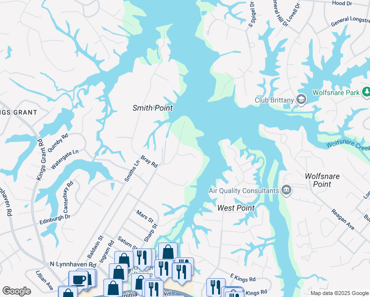 map of restaurants, bars, coffee shops, grocery stores, and more near 3104 Rivers Edge Cove in Virginia Beach
