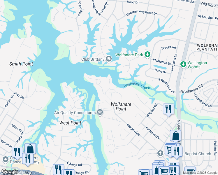 map of restaurants, bars, coffee shops, grocery stores, and more near 2702 Seashore Cove in Virginia Beach