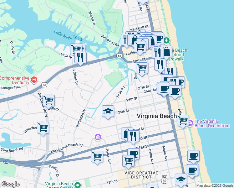 map of restaurants, bars, coffee shops, grocery stores, and more near 2714 Manoomin Place in Virginia Beach