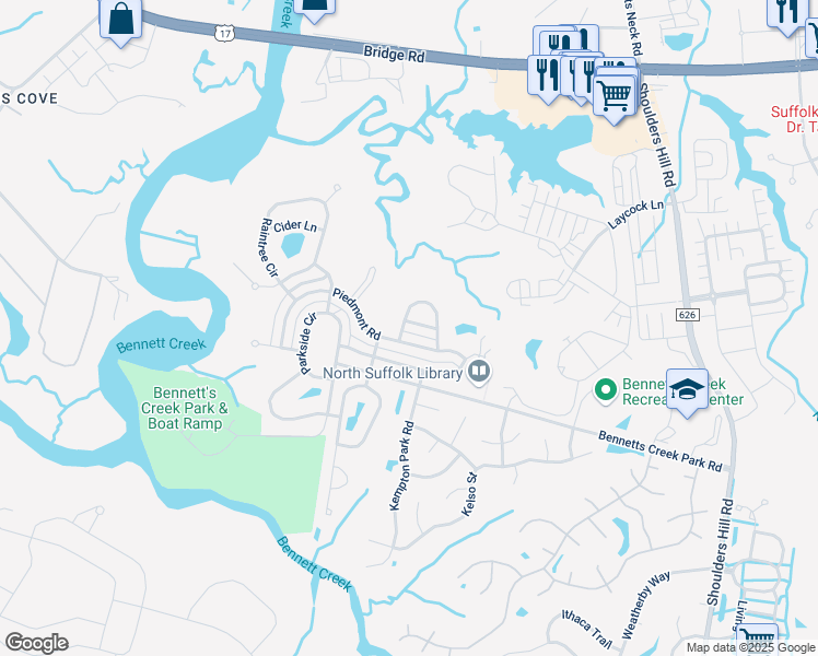 map of restaurants, bars, coffee shops, grocery stores, and more near 2300 Juniper Lane in Suffolk