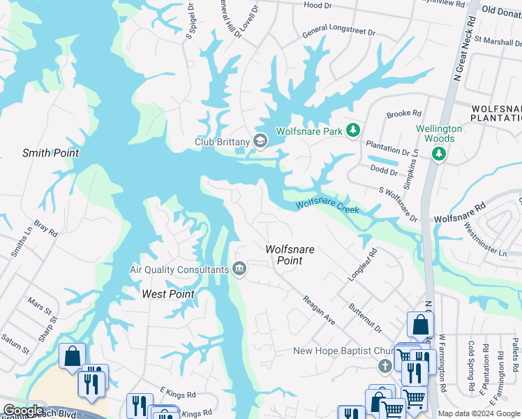 map of restaurants, bars, coffee shops, grocery stores, and more near 2712 Seashore Cove in Virginia Beach