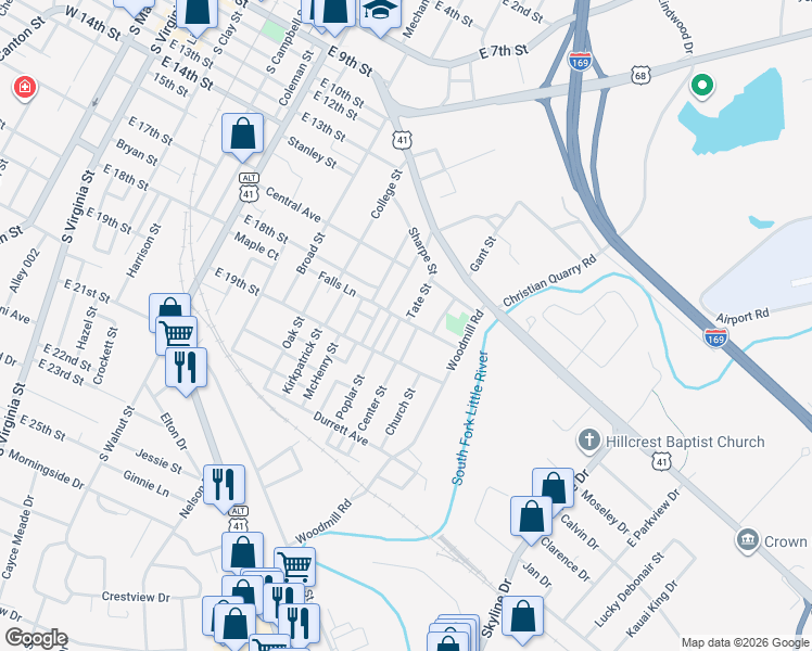 map of restaurants, bars, coffee shops, grocery stores, and more near Poplar Street in Hopkinsville