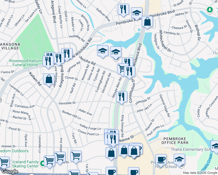 map of restaurants, bars, coffee shops, grocery stores, and more near 607 Minute Men Road in Virginia Beach