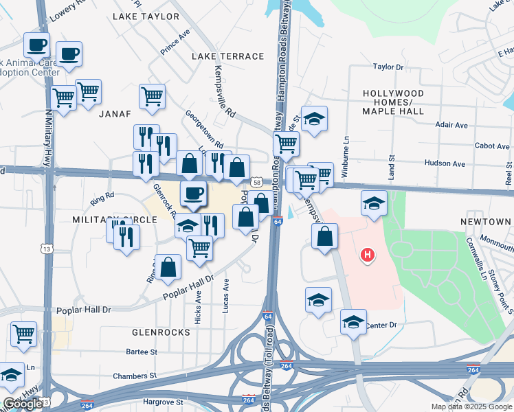 map of restaurants, bars, coffee shops, grocery stores, and more near 890 Poplar Hall Drive in Norfolk
