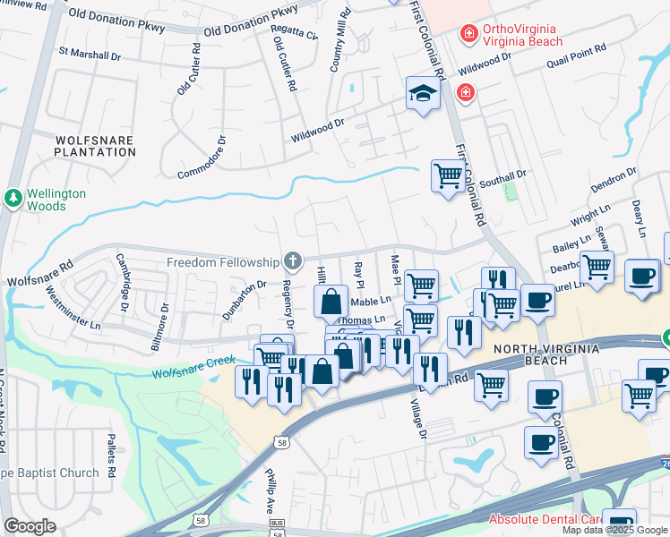 map of restaurants, bars, coffee shops, grocery stores, and more near 821 Herbert Place in Virginia Beach