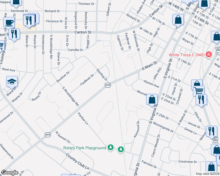 map of restaurants, bars, coffee shops, grocery stores, and more near 301-428 Irish Circle in Hopkinsville