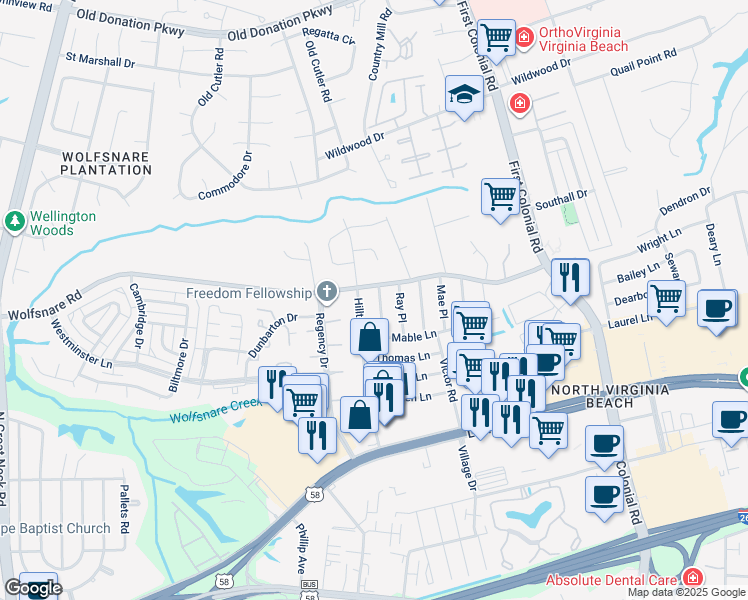 map of restaurants, bars, coffee shops, grocery stores, and more near 821 Herbert Place in Virginia Beach