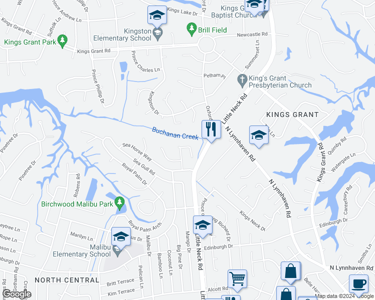 map of restaurants, bars, coffee shops, grocery stores, and more near 665 East Coral Key in Virginia Beach
