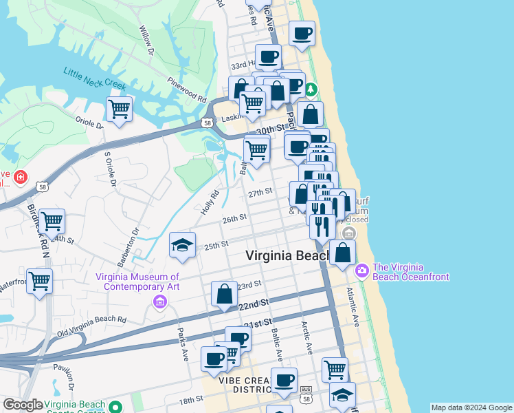 map of restaurants, bars, coffee shops, grocery stores, and more near 425 26th Street in Virginia Beach