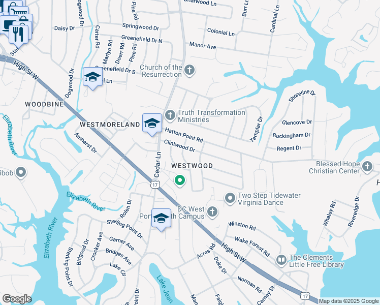 map of restaurants, bars, coffee shops, grocery stores, and more near 4809 Clintwood Drive in Portsmouth