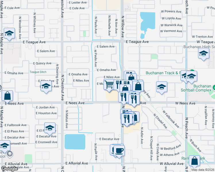 map of restaurants, bars, coffee shops, grocery stores, and more near 2950 East Nees Avenue in Fresno