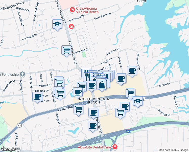 map of restaurants, bars, coffee shops, grocery stores, and more near 1672 Laurel Lane in Virginia Beach