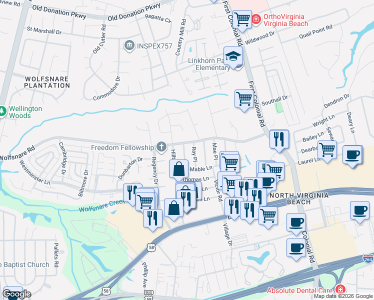 map of restaurants, bars, coffee shops, grocery stores, and more near 809 Herbert Place in Virginia Beach