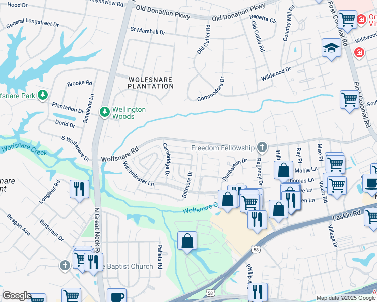 map of restaurants, bars, coffee shops, grocery stores, and more near 2213 Cannon Drive in Virginia Beach